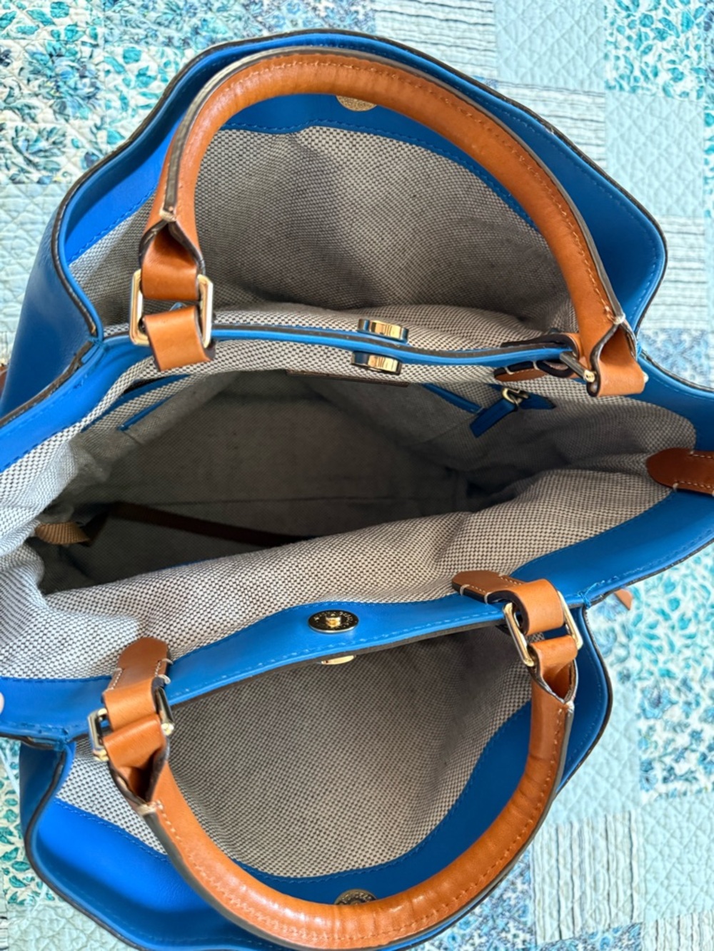 Dooney & Bourke Blue Leather Tote with Brown Trim - Picture 7 of 16